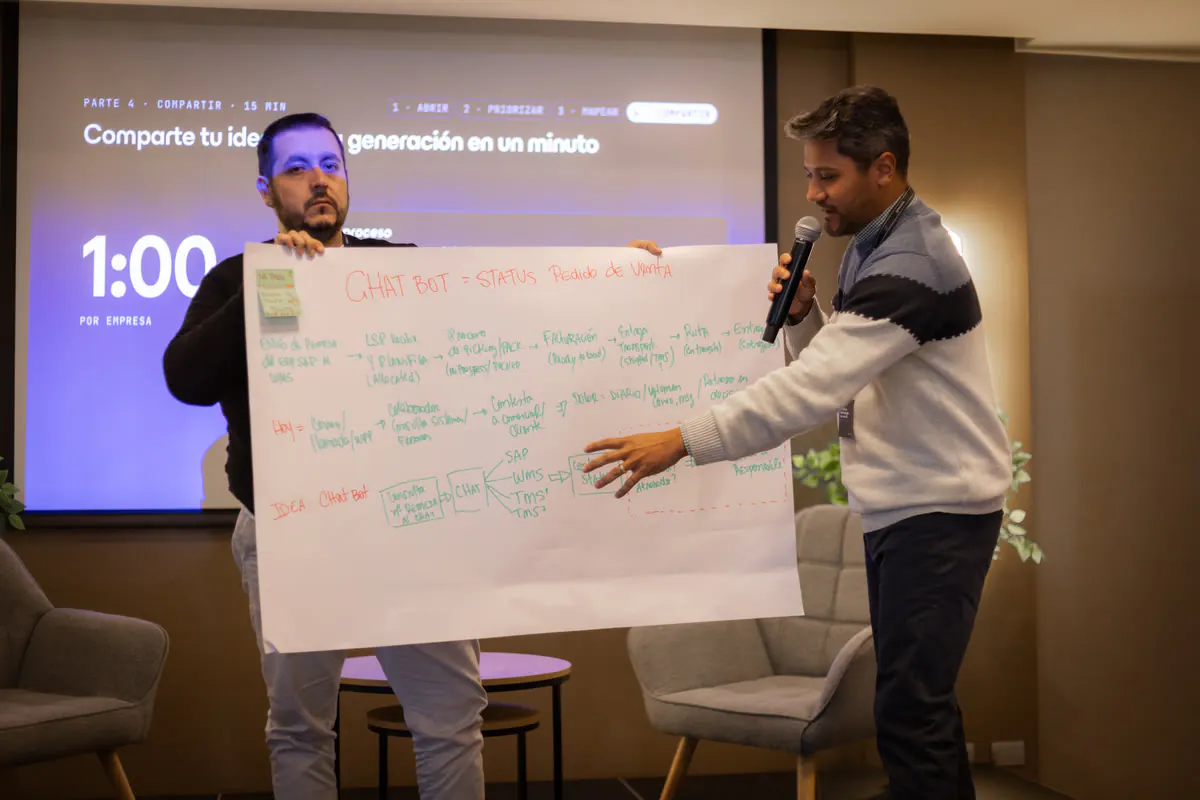 Dos participantes presentan su resultado en un papelógrafo frente a la sala