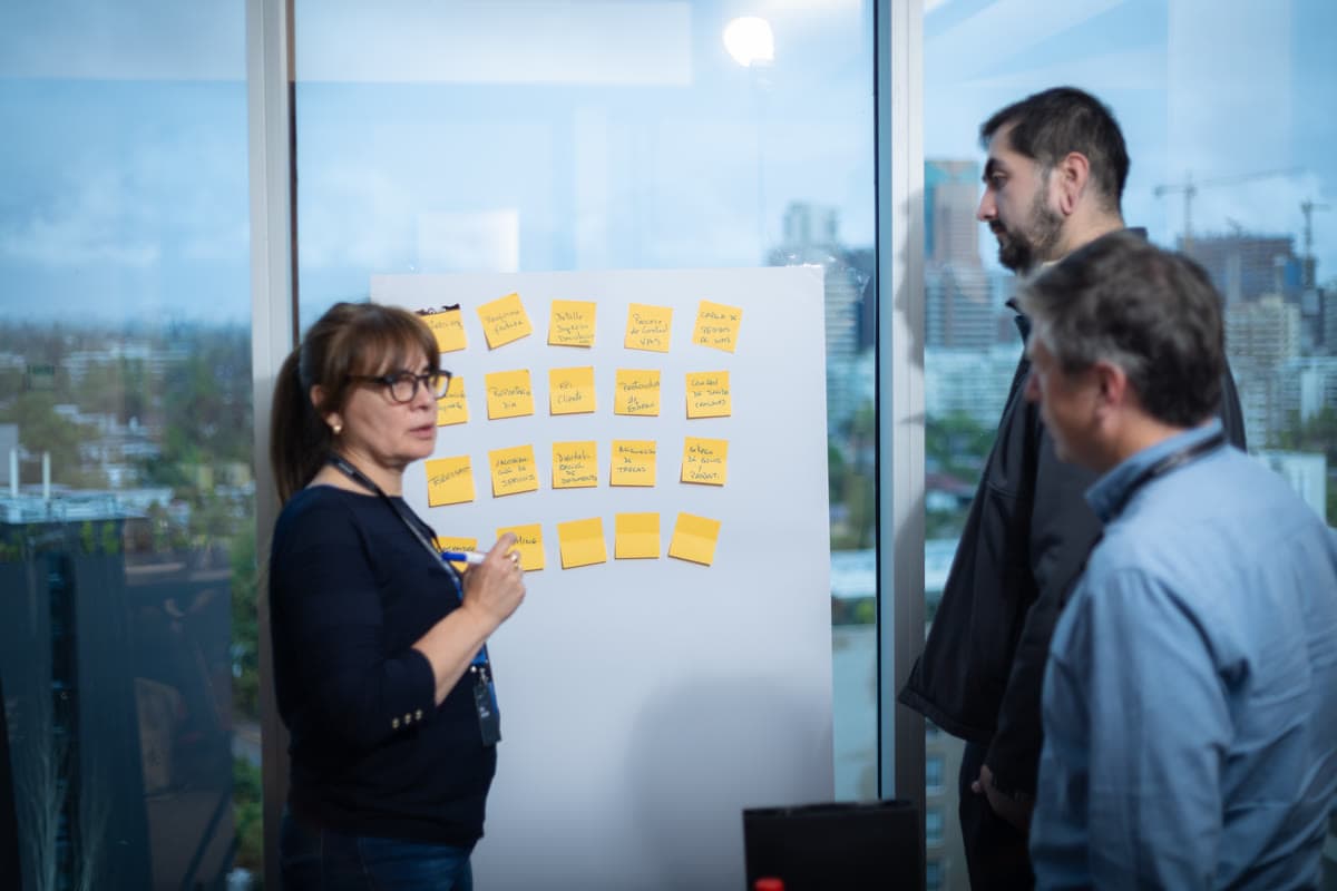 Equipo trabajando frente a un muro de post-its