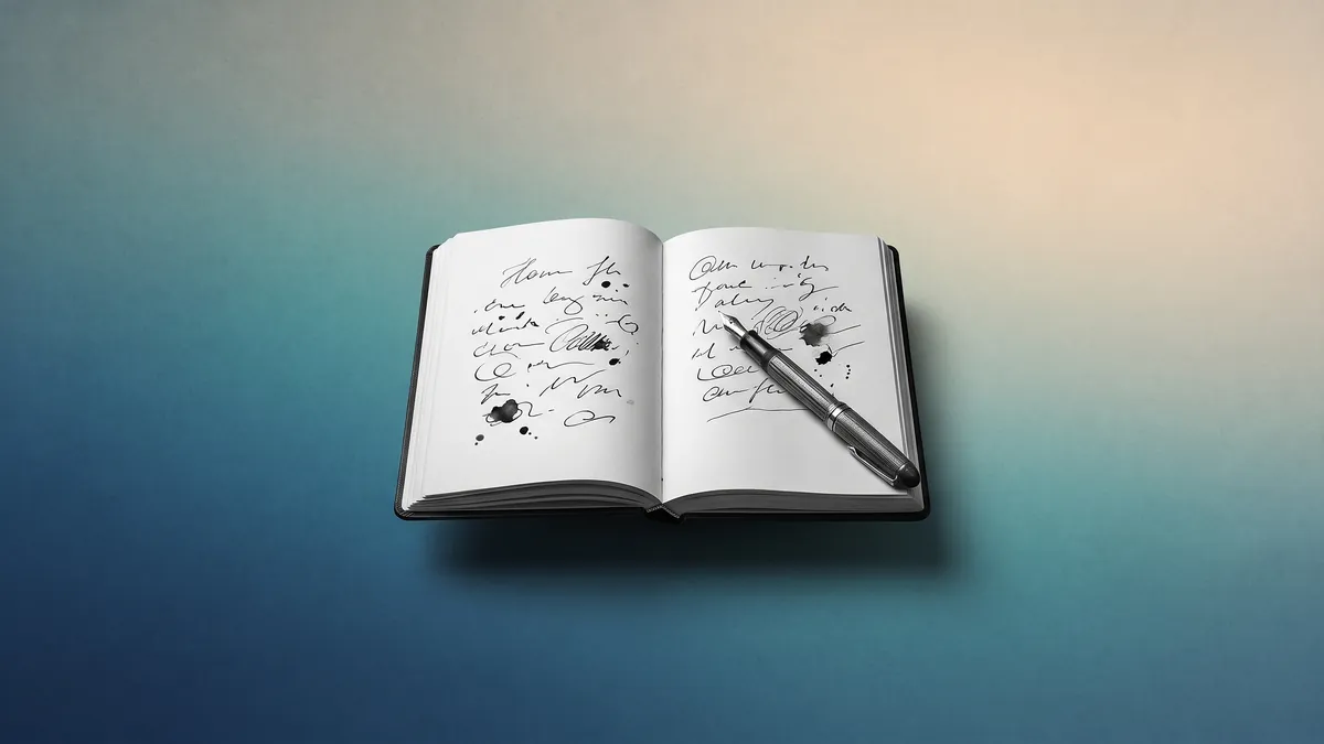 Libreta abierta con líneas manuscritas ilegibles y una pluma estilográfica apoyada sobre la página, en blanco y negro sobre un fondo degradado azul petróleo, verde azulado y crema