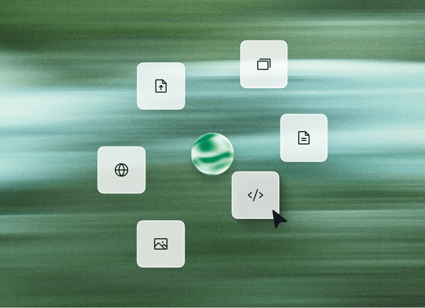Tarjetas de documentos, imágenes y código flotando sobre un fondo verde